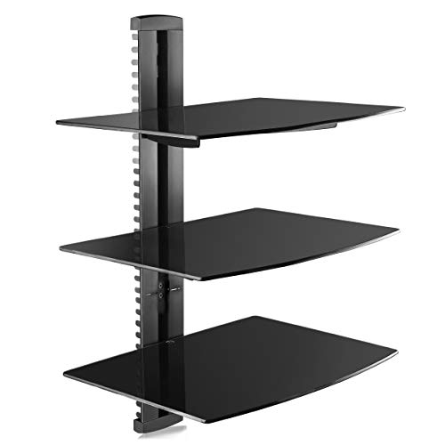 suptek 3 Floating Regal Multimedia Wandregal TV Rack Wandhalterung Mit Verstärktem Gehärtetem Glasregal Für DVD-Player/Kabel-Boxen/Spielkonsolen/TV Zubehör Schwarz 1+2 Regale CS303 von suptek