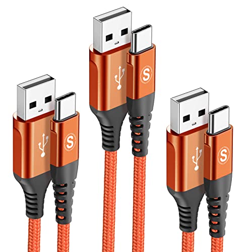 sweguard USB-C-Kabel, 3.1 A, schnelles Laden, 3 Stück, 3 m + 2 m + 1 m, geflochtenes Nylonkabel für Samsung Galaxy S21 S20 S10 S9 S8 Plus/FE Note 20 10 9 8 8 7, A7 1 A51 A32-Orange von sweguard