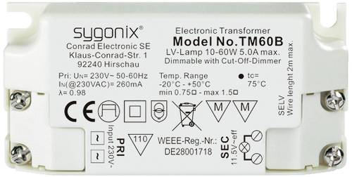 Sygonix SY-5044240 Halogen Transformator 12V 10 - 60W dimmbar mit Phasenabschnittdimmer von sygonix