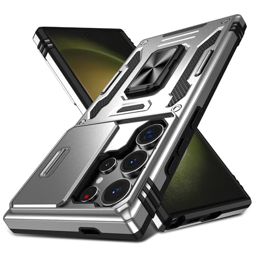 symboly Handyhülle für Samsung Galaxy S24 Ultra Hülle mit Slide Camera Cover, 360° Drehbarer Ringständer Militärischer Fallschutz, Weiche Kanten Stoßfest Schutzhülle für S24 Ultra (Grau) von symboly