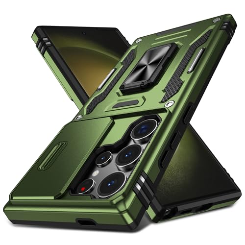 symboly Handyhülle für Samsung Galaxy S24 Ultra Hülle mit Slide Camera Cover, 360° Drehbarer Ringständer Militärischer Fallschutz, Weiche Kanten Stoßfest Schutzhülle für S24 Ultra (Olivgrün) von symboly