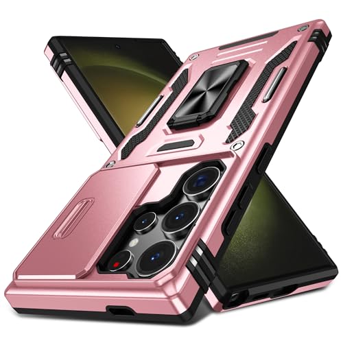 symboly Handyhülle für Samsung Galaxy S24 Ultra Hülle mit Slide Camera Cover, 360° Drehbarer Ringständer Militärischer Fallschutz, Weiche Kanten Stoßfest Schutzhülle für S24 Ultra (Rosa) von symboly