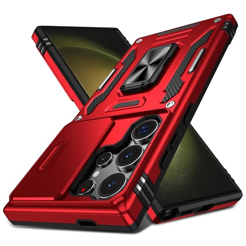 symboly Handyhülle für Samsung Galaxy S24 Ultra Hülle mit Slide Camera Cover, 360° Drehbarer Ringständer Militärischer Fallschutz, Weiche Kanten Stoßfest Schutzhülle für S24 Ultra (Rot) von symboly