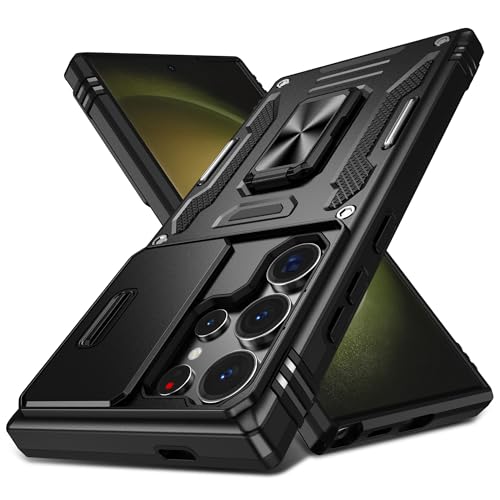 symboly Handyhülle für Samsung Galaxy S24 Ultra Hülle mit Slide Camera Cover, 360° Drehbarer Ringständer Militärischer Fallschutz, Weiche Kanten Stoßfest Schutzhülle für S24 Ultra (Schwarz) von symboly
