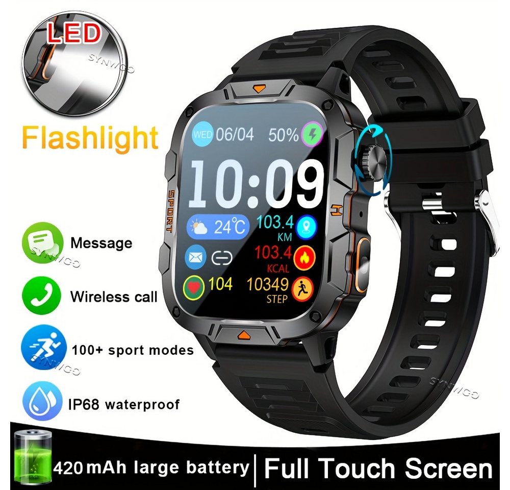 synwoo für Männer, mit LED-Taschenlampe IP68 wasserdicht HD-Voll-Touchscreen Smartwatch (1.96 cm, Andriod iOS), mit Anruffunktion mehrere Sportmodi Kalorien-Schritweg-Tracker, Alarm von synwoo