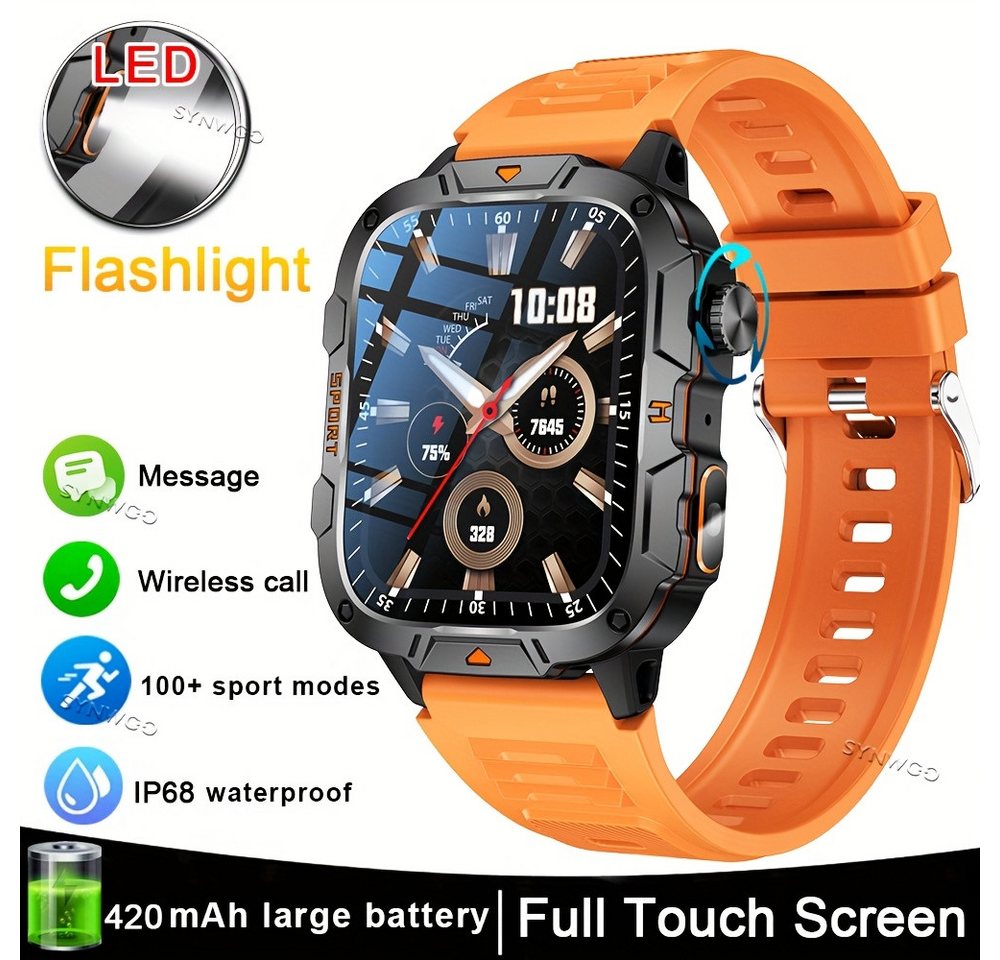 synwoo für Männer, mit LED-Taschenlampe IP68 wasserdicht HD-Voll-Touchscreen Smartwatch (1.96 cm, Andriod iOS), mit Anruffunktion mehrere Sportmodi Kalorien-Schritweg-Tracker, Alarm von synwoo