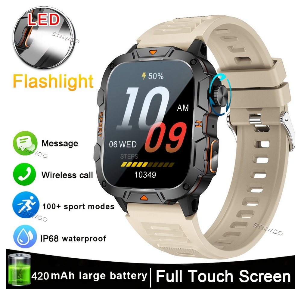 synwoo für Männer, mit LED-Taschenlampe IP68 wasserdicht HD-Voll-Touchscreen Smartwatch (1.96 cm, Andriod iOS), mit Anruffunktion mehrere Sportmodi Kalorien-Schritweg-Tracker, Alarm von synwoo