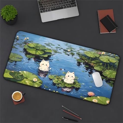 Gaming Mauspad, 1000x500x3mm Großes Mauspads Verlängertes Schreibtischauflage, Verbessert Präzision und Geschwindigkeit, Waschbares Mousepad für Tastatur, PC, Laptop (Lotusblatt-Katze) von taesdvry