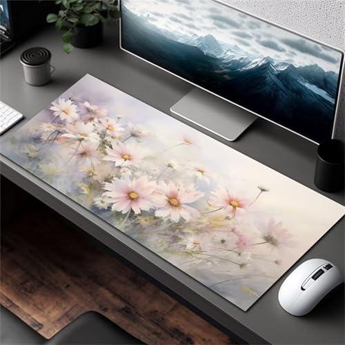 Gaming Mauspad, 800x300x2mm Großes Mauspads Verlängertes Schreibtischauflage, Verbessert Präzision und Geschwindigkeit, Waschbares Mousepad für Tastatur, PC, Laptop (Weißes Gänseblümchen) von taesdvry