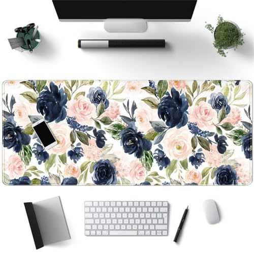Mauspad XXL, 1200x600x3mm Großer Mousepad, Mouse Pad Gaming, Tischunterlage Large Size, Spezielle Oberfläche Verbessert Präzision und Geschwindigkeit für Home Office (Blaue rosa Pflanzen) von taesdvry