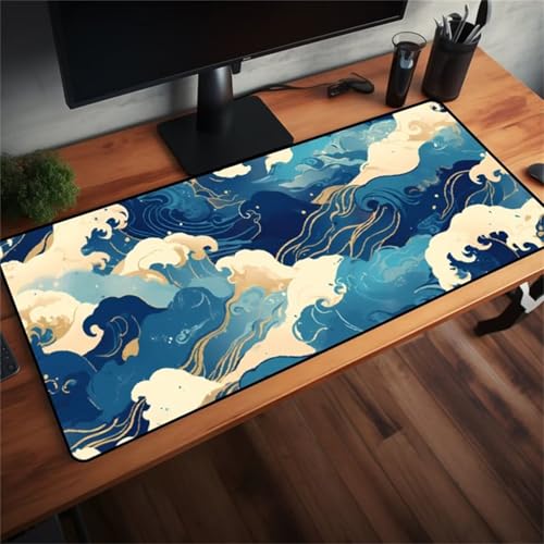 taesdvry Großes Mauspad, 700x400x3mm Gaming Mauspads, Genähte Kanten Mouse Pad, Schreibtischunterlage mit Rutschfester Gummibasis für Tastatur, PC, Laptop (Weiße Blaue Wellen) von taesdvry