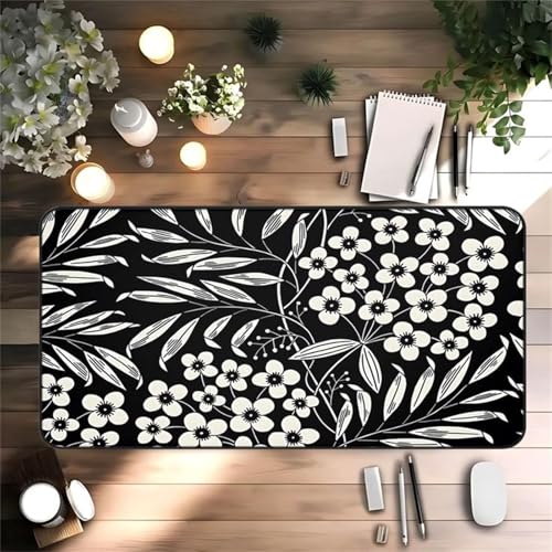 taesdvry Großes Mauspad, 900x400x2mm Gaming Mauspads, Genähte Kanten Mouse Pad, Schreibtischunterlage mit Rutschfester Gummibasis für Tastatur, PC, Laptop (Weiße Schwarze Blumen) von taesdvry