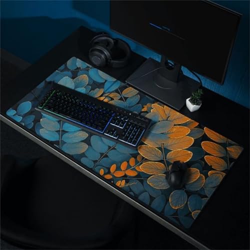 taesdvry Großes Mauspad, 900x400x3mm Gaming Mauspads, Genähte Kanten Mouse Pad, Schreibtischunterlage mit Rutschfester Gummibasis für Tastatur, PC, Laptop (Gelb-Blaue Blätter) von taesdvry