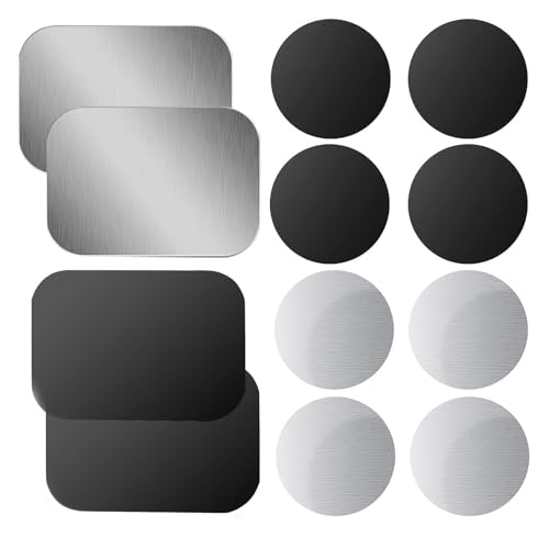 12 Stück Metallplatte Metallplättchen Set (8 Runden + 4 Rechteckig) Selbstklebend mit 3M Klebefolie für Magnet KFZ Handyhalterung,Sehr Dünn Ersatzplatten für Handy und Tablet(Schwarz & Silber) von talNite