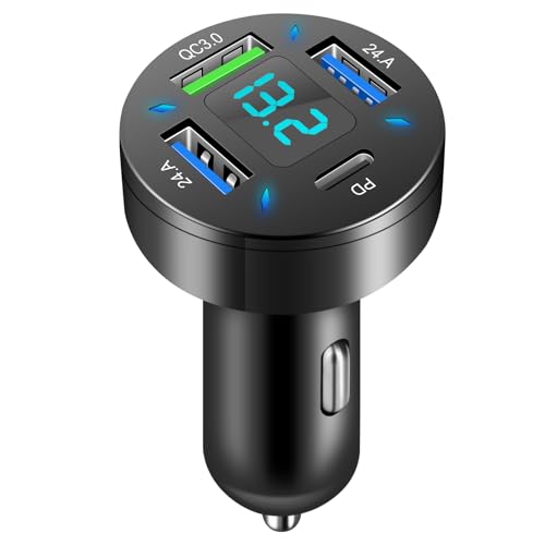 talifoca 4-Port USB C Auto Ladegerät Zigarettenanzünder Adapter, 50W QC3.0,PD Schnellladegerät mit LED Voltmeter 12V USB Buchse kompatibel mit iPhone, Android, Samsung, Tablet und Allen Smartphones von talifoca