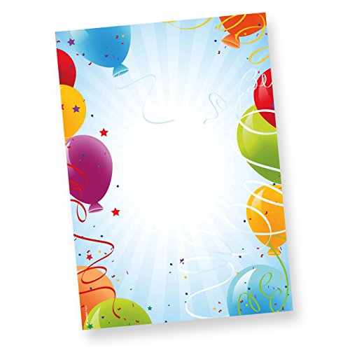 Briefpapier Geburtstag Luftballons 250 Blatt DIN A4 90g/qm beidseitig bedruckt, für Einladung oder Geburtstagsgrüße von tatmotive