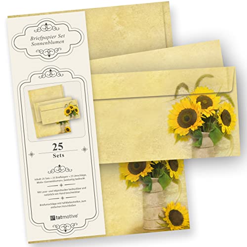 Briefpapier Sonnenblumen (100 Sets inkl. Kuverts) beidseitig wunderschön bedrucktes A4 Motiv-Papier mit Sommer Sonnenblumen, inkl. passender Briefumschläge von tatmotive