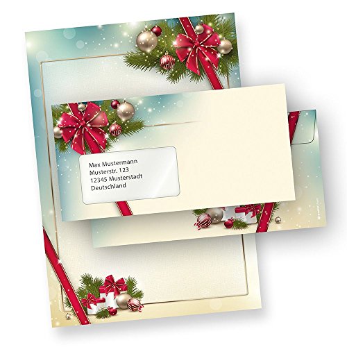 Briefpapier Weihnachten Set ROTE SCHLEIFE (100 Sets mit Fenster) Weihnachtsbriefpapier mit Umschlag von tatmotive