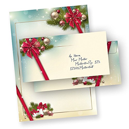 Briefpapier Weihnachten Set ROTE SCHLEIFE (250 Sets ohne Fenster) Weihnachtsbriefpapier mit Umschlag von tatmotive