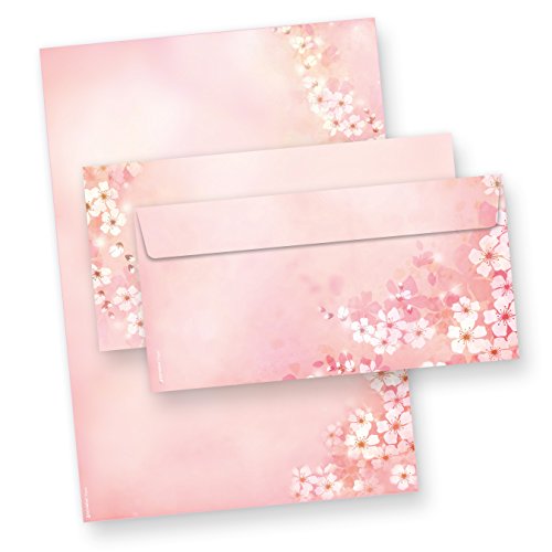 Briefpapier mit Umschlag Set Frühling Kirschblüten 25 Sets Papier DIN A4 rosa Blumen Blüten für Frauen Erwachsene Ostern von tatmotive