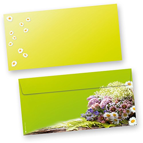 Briefumschläge Frühling grün (50 Stück) beidseitig bedrucktes DIN lang Kuverts, mit frischen Frühlingsblumen von tatmotive