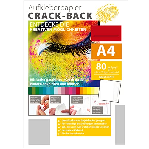 Crack-Back Aufkleber selbstklebend A4 (250 Blatt) weiß matt, Rückseite geschlitzt zum Einfachen ablösen, für Laserdrucker und Inkjetdrucker geeignet von tatmotive