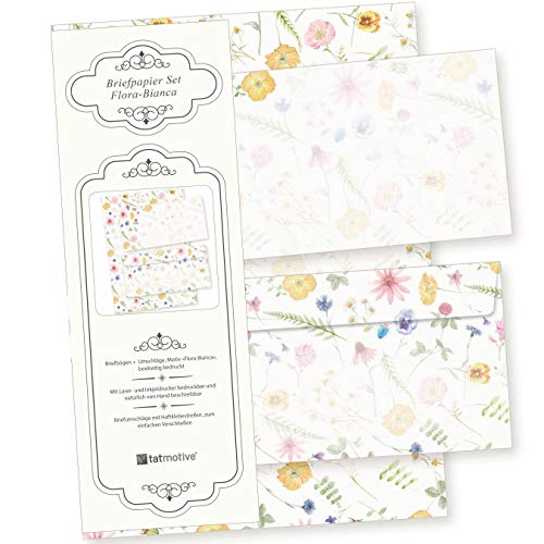 Flora Bianca Briefpapier mit Umschlag Set Vintage Blumen 25 Sets Papier DIN A4 beidseitig floral Natur nachhaltig für Frauen Erwachsene Brief Set von tatmotive