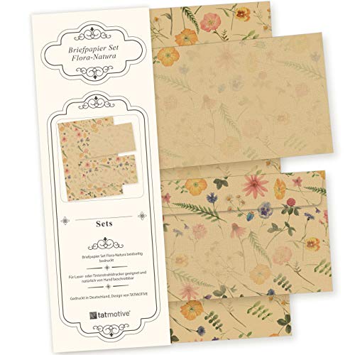 Geschenkmappe Briefpapier mit Umschlag Set FLORA NATURA Vintage Blumen 25 Sets DIN A4 beidseitig floral Natur nachhaltig für Frauen Erwachsene Brief Set von tatmotive