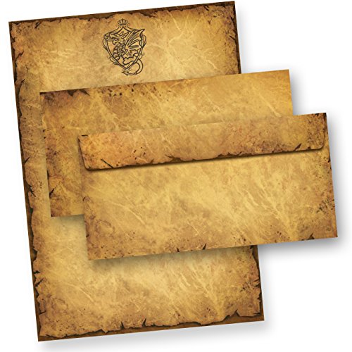TATMOTIVE 05-0134-0093-00025 Altes Briefpapier Set Drache Wappen (25 Sets) A4, 90 g/qm, 25 Briefpapiere + 25 Umschläge von tatmotive