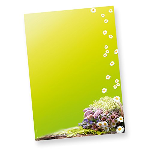 TATMOTIVE Briefpapier-Motiv Grüner Frühling mit Blumen DIN A4, 90 g Offsetpapier - 1000 Blatt - grün von tatmotive