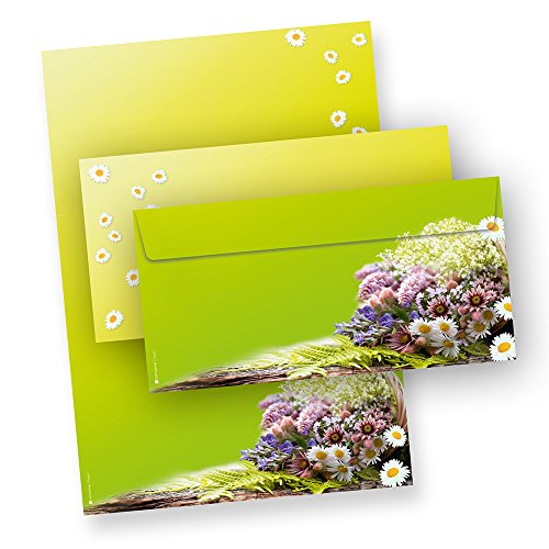 TATMOTIVE Briefpapier Set Grüner Frühling mit Blumen, mit Umschläge - 25 Sets - grün von tatmotive