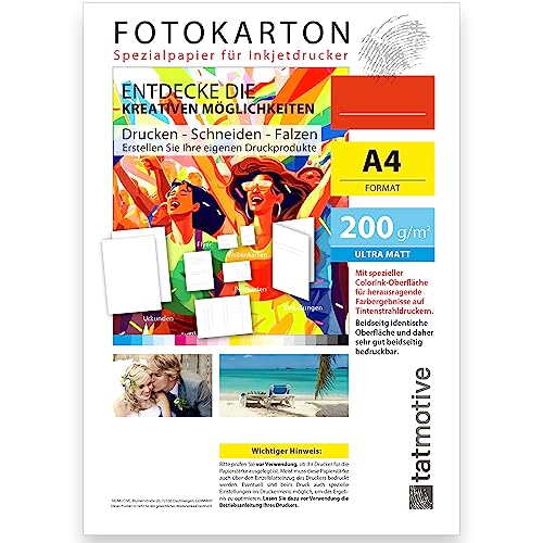 TATMOTIVE Fotopapier DIN A4 200g MATT weiß | Speziell Tintenstrahldrucker Inkjet | Beidseitig bedruckbar | 500 Blatt von tatmotive