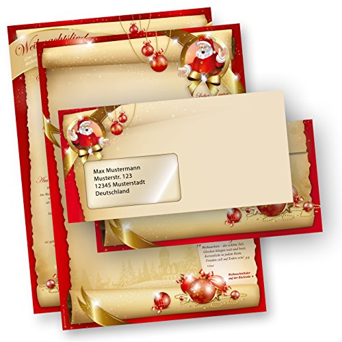 Weihnachtsbriefpapier Set SANTA CLAUS beidseitig (100 Sets mit Fenster) Briefpapier mit Weihnachtsliedern auf der Rückseite für Weihnachten von tatmotive
