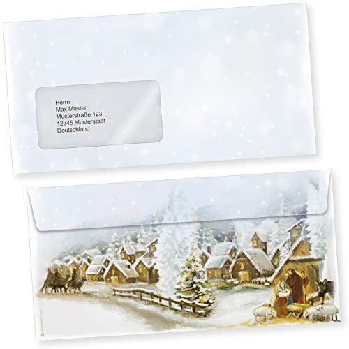 Weihnachtsdorf 100 Stück Christliche Weihnachts-Briefumschläge Din lang mit Fenster Umschläge für Weihnachten selbstklebend haftklebend von tatmotive
