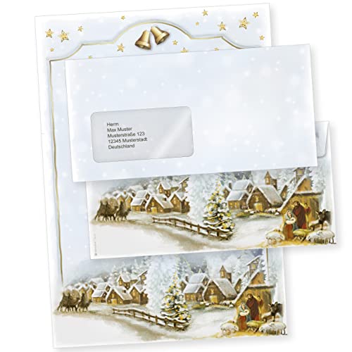 Weihnachtsdorf 25 Sets Christliches Weihnachtsbriefpapier mit Fensterumschlägen Briefpapier Weihnachten kirchlich von tatmotive