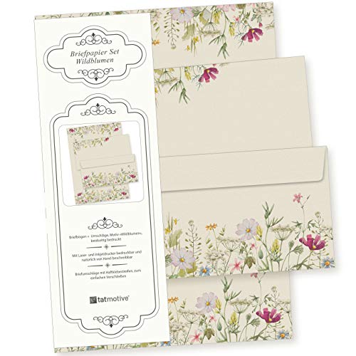 Wildblumen Briefpapier mit Umschlag Set 250 Sets Papier DIN A4 beidseitig floral Natur nachhaltig für Frauen Erwachsene Brief Set von tatmotive