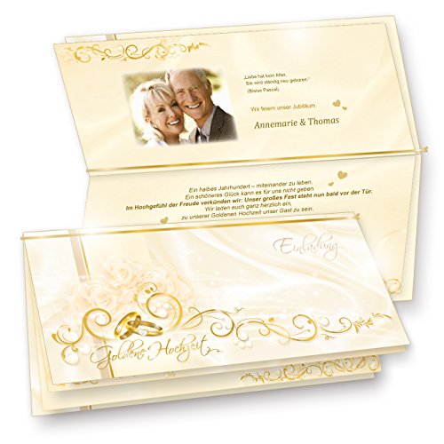 tatmotive Einladungskarten Goldene Hochzeit (10 Sets) fein abgestimmte Einladungen Goldhochzeit, Set mit 10 Karten, 10 Umschläge, 10 Einlegeblätter zum Selbstbedrucken von tatmotive