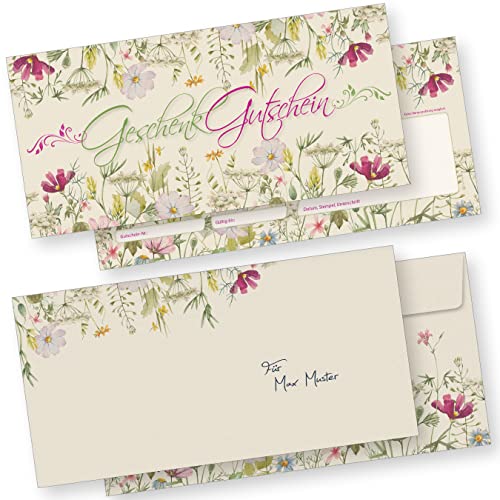 tatmotive Gutscheine mit Umschläge Wildblumen 250 Stück - Gutscheinkarten mit Blumen für Gewerbe wie Wellness Floristik von tatmotive