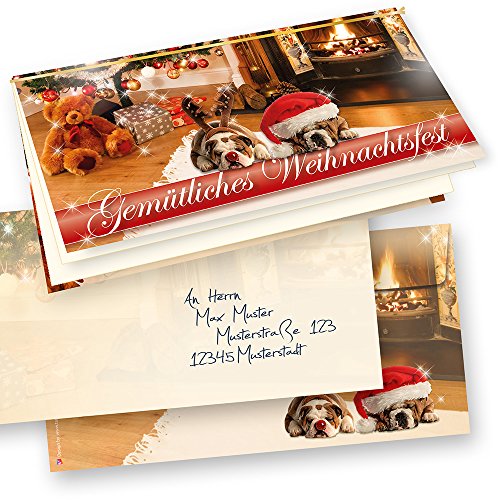 tatmotive Lustige Weihnachtskarten mit Umschläge, Drollige Hunde 10 Sets mit Einlegeblätter Einleger zum selbst bedrucken von tatmotive