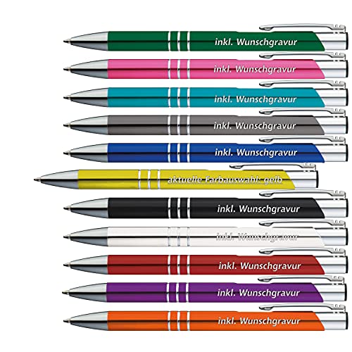 50 x Metallkugelschreiber mit 3 Zierringen inkl. Wunsch-Gravur Farbe | GELB / GOLDGELB | wählen Sie aus 20 Schriftarten und 14 Farben Ihren Wunsch-Kugelschreiber von #teamludorf