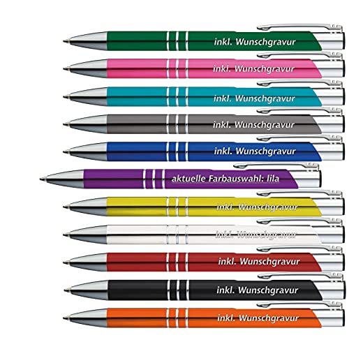 50 x Metallkugelschreiber mit 3 Zierringen inkl. Wunsch-Gravur Farbe | LILA | wählen Sie aus 20 Schriftarten und 14 verschiedenen Farben Ihren Wunsch-Kugelschreiber von #teamludorf