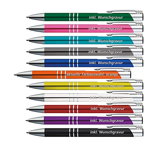 50 x Metallkugelschreiber mit 3 Zierringen inkl. Wunsch-Gravur Farbe | ORANGE | wählen Sie aus 20 Schriftarten und 14 verschiedenen Farben Ihren Wunsch-Kugelschreiber von #teamludorf