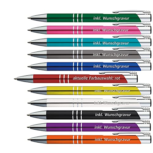 50 x Metallkugelschreiber mit 3 Zierringen inkl. Wunsch-Gravur Farbe | ROT | wählen Sie aus 20 Schriftarten und 14 verschiedenen Farben Ihren Wunsch-Kugelschreiber von #teamludorf