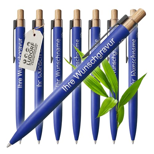 #teamludorf - 250x Aluminium Kugelschreiber mit Lasergravur - Metallclip, Bambusdrücker, blau schreibend - personalisiertes Werbegeschenk, Farbe:Blau, Menge:250 Stück von #teamludorf