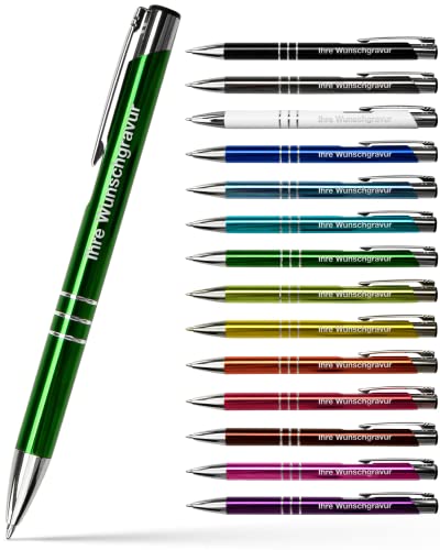 #teamludorf 50x Metall-Kugelschreiber mit Wunsch-Gravur - Personalisierte Kulis - Stift mit Namen - 14 Farben & 20 Schriftarten - 50 Stück - Grün von #teamludorf