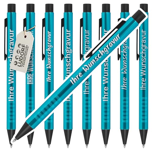 #teamludorf Kugelschreiber Türkis - 50 Stück - personalisierte Kugelschreiber mit Wunschgravur - ideales Werbemittel für Firmen, Messen & Kunden - edler Metall-Kuli mit Gravur & blauer Mine von #teamludorf