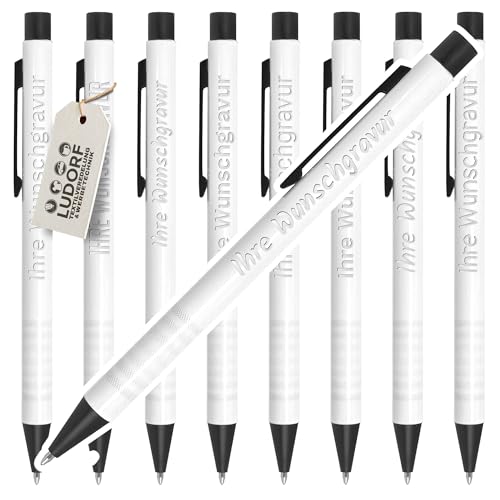 #teamludorf Kugelschreiber Weiß - 50 Stück - personalisierte Kugelschreiber mit Wunschgravur - ideales Werbemittel für Firmen, Messen & Kunden - edler Metall-Kuli mit Gravur & blauer Mine von #teamludorf