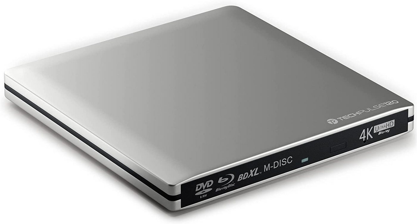 techPulse120 Externes UHD 4k 3D M-Disc BDXL USB 3.0 USB-C Aluminium Silber Laufwerk Blu-ray-Brenner von techPulse120