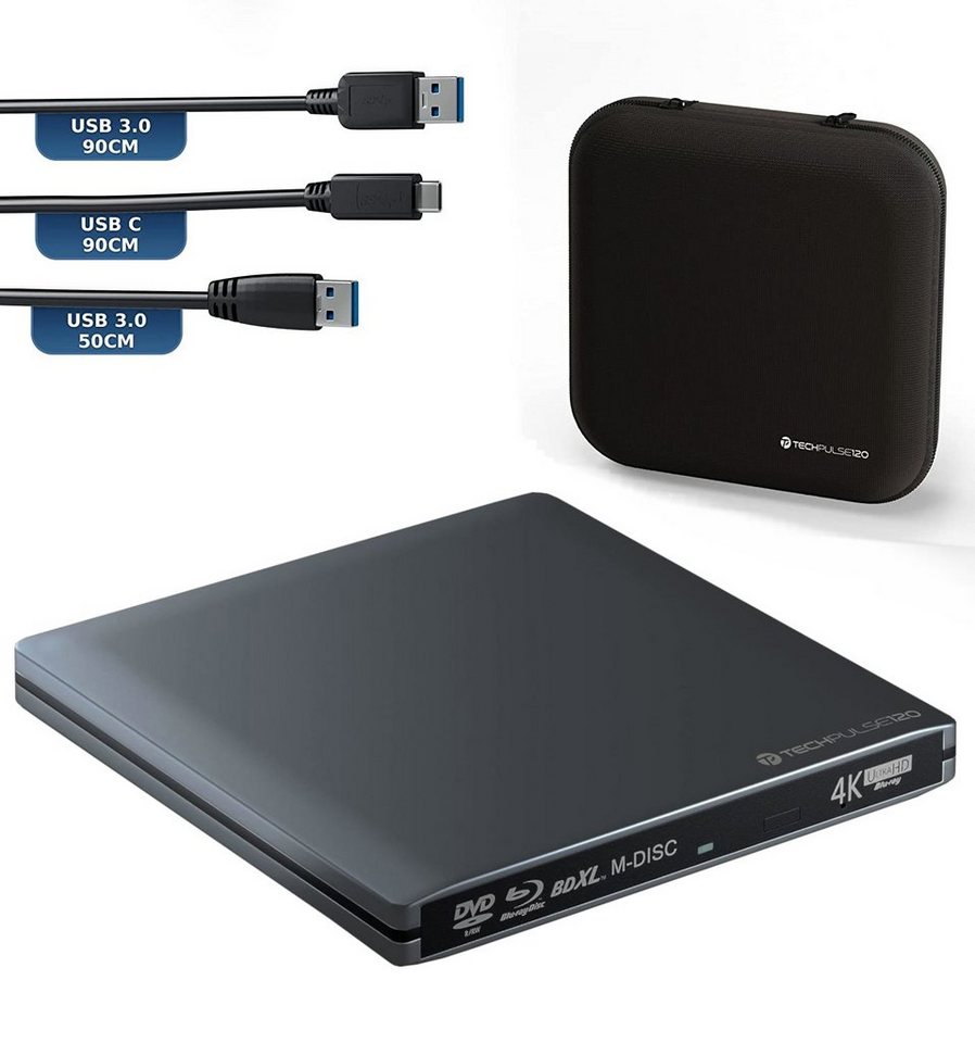 techPulse120 Externes UHD 4k 3D MDISC BDXL 100GB UltraHD USB 3.0 USB-C Laufwerk Blu-ray-Brenner von techPulse120