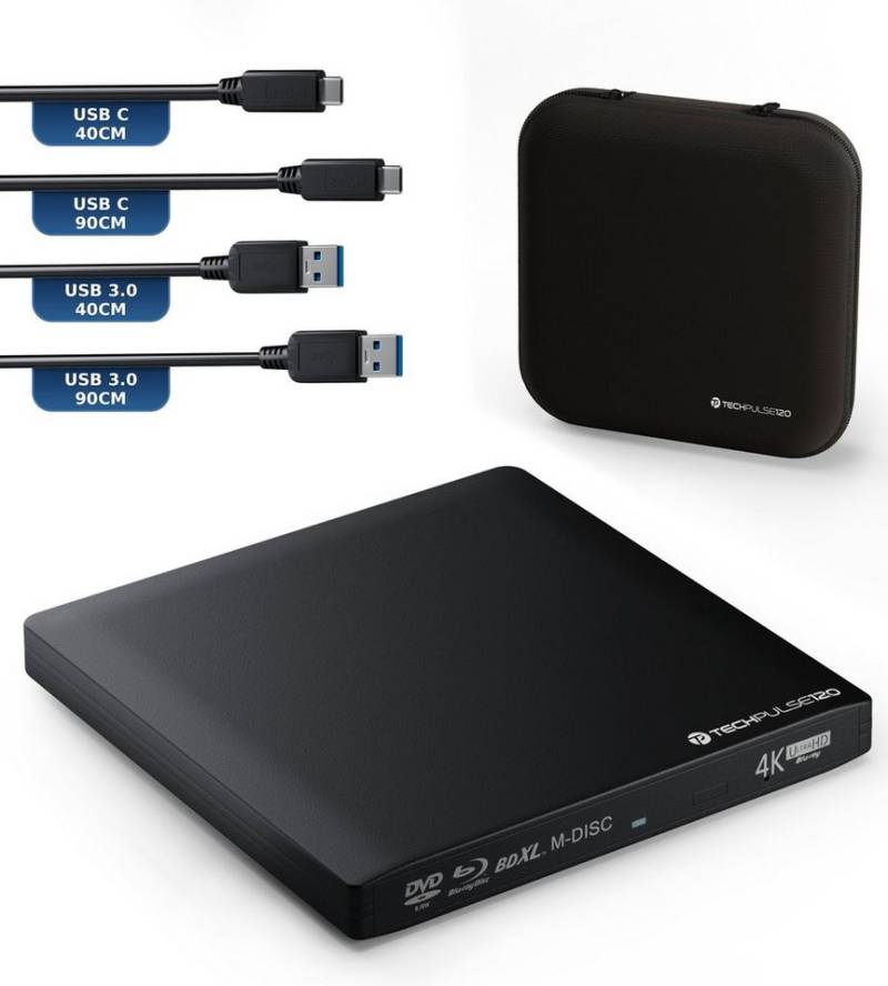 techPulse120 Externes USB 3.1 Blu-ray DVD CD USB-C UHD 4k 3D M-DISC 100GB Laufwerk Blu-ray-Brenner von techPulse120